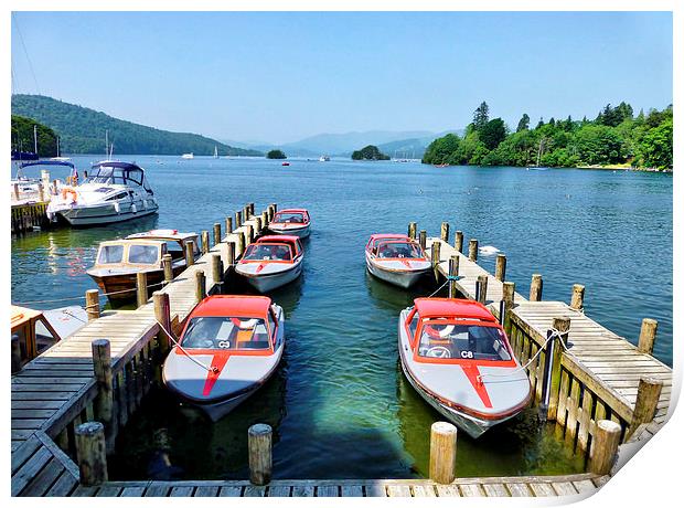 Motorboats at Lake Windermere. Print by Lilian Marshall