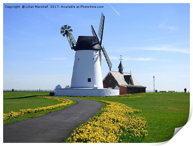 Lytham Windmill and Lifeboat Station. Print by Lilian Marshall