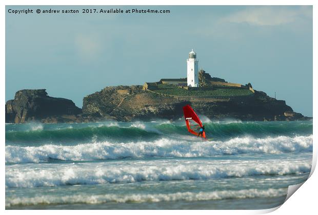 SURFER AT THE LIGHTHOUSE  Print by andrew saxton