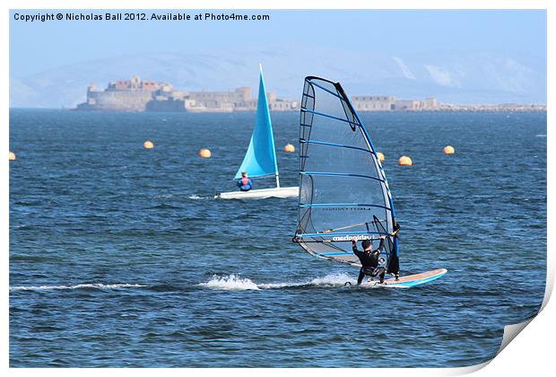 Windsurfing at Portland Bill Print by Nicholas Ball