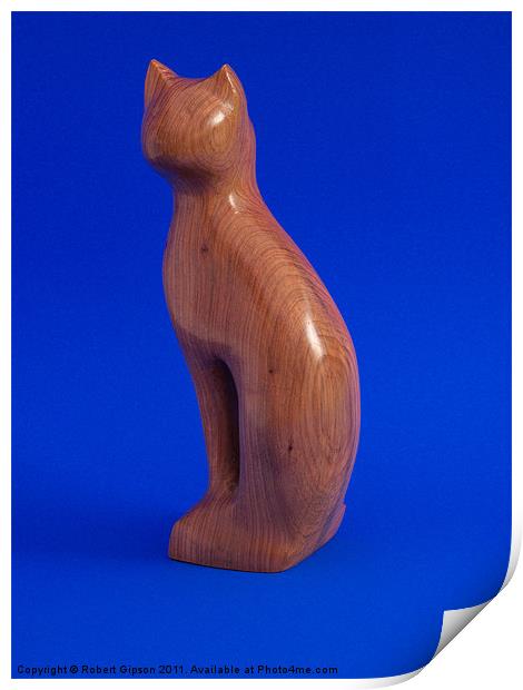 Carved wooden Cat on Blue Print by Robert Gipson