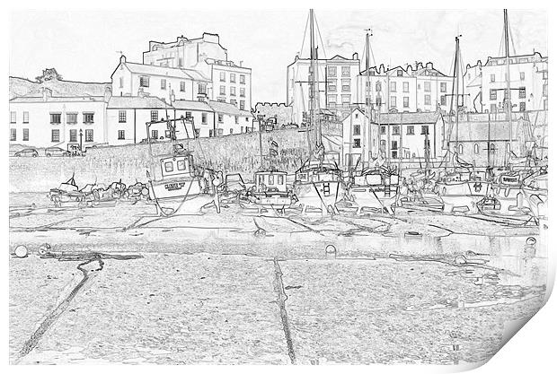 Tenby Harbour Pencil Sketch 3 Print by Steve Purnell