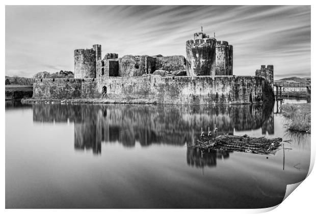 Caerphilly Castle Long Exposure 1 Mono Print by Steve Purnell