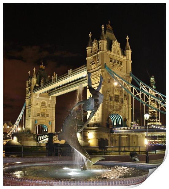 Tower Bridge and Girl with a Dolphin Fountain. Print by Becky Dix