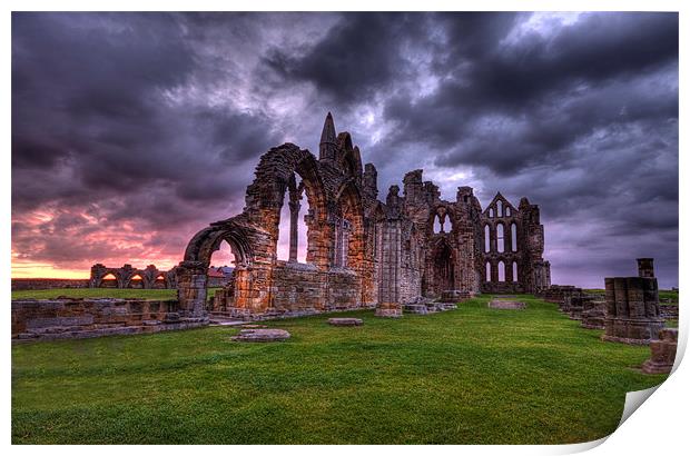 sunrise at whitby abbey north yorkshire Print by simon sugden