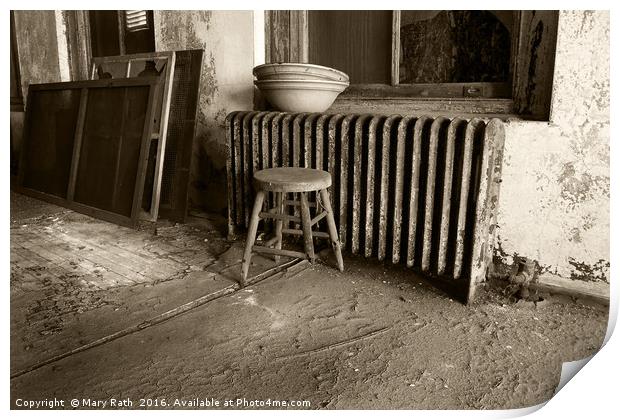 Broken stool on Ellis Island Print by Mary Rath
