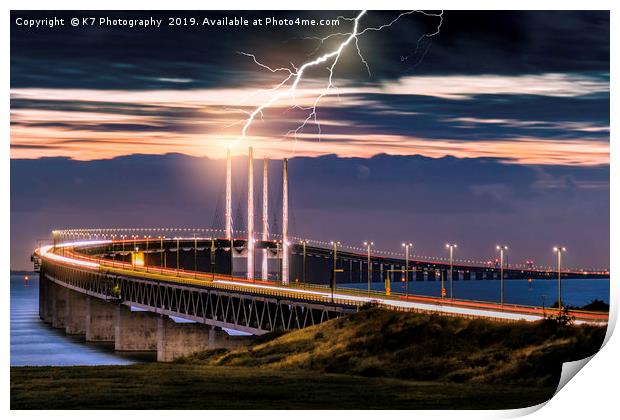 Lightening Strike on the Oresund Bridge Print by K7 Photography