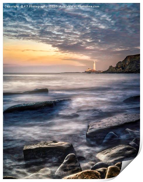 St Marys Lighthouse from Old Hartley  Print by K7 Photography