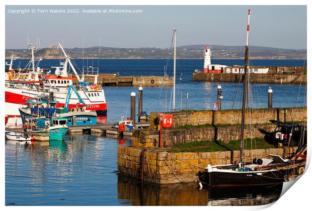 Newlyn South Pier Lighthouse and St Michael's Mount Print by Terri Waters