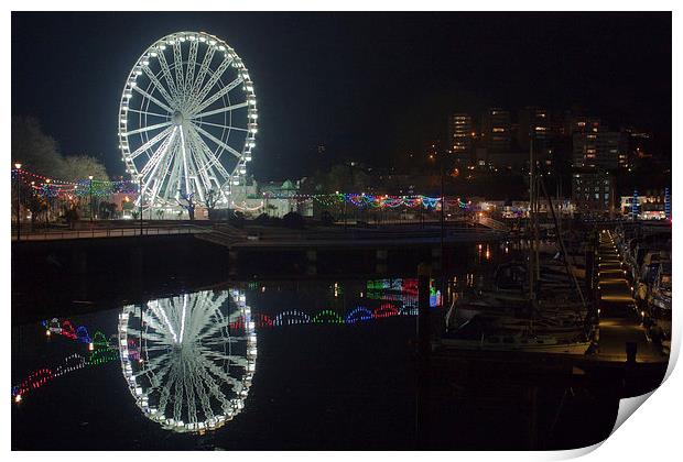Torquay Marina And Ferris Wheel at Night Print by Terri Waters