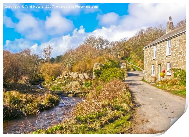 Penberth Stream And A Stone Cottage Print by Terri Waters