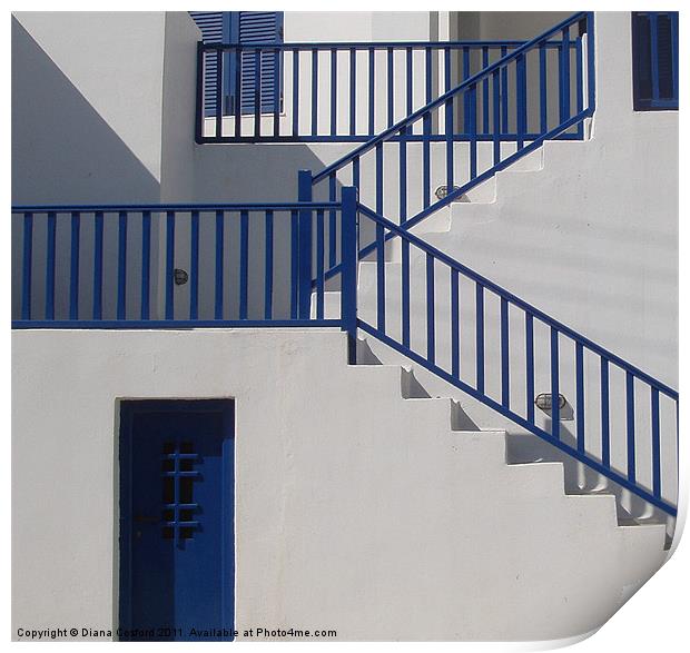 Greek Island house with blue doors & stairways, sh Print by DEE- Diana Cosford