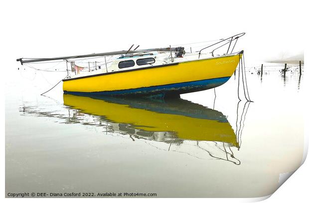Southerlies, Yellow Yacht moored near Freston Reac Print by DEE- Diana Cosford