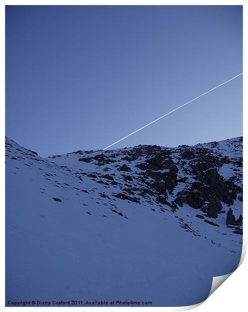 Snowy mountain & flight path Print by DEE- Diana Cosford