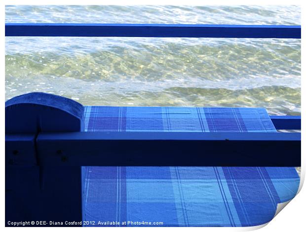 Greek blue beach sea taverna Print by DEE- Diana Cosford