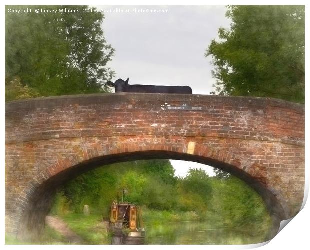 Cow on a Bridge over the Grand Union Canal Print by Linsey Williams
