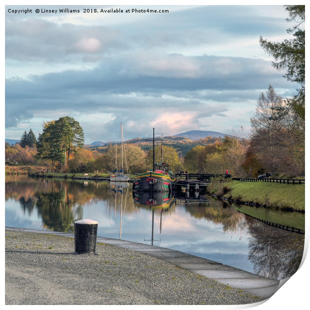 Boats on the Caledonian Canal Print by Linsey Williams