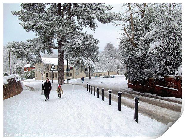 Snowfall in Horsell, Surrey. Print by Laura Jarvis