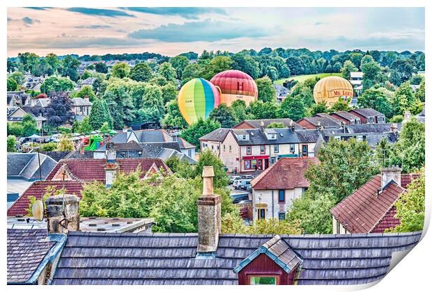 Balloons Over Strathaven Roofs Print by Valerie Paterson