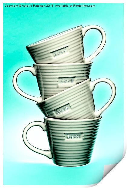 White On Blue Love Mugs Print by Valerie Paterson