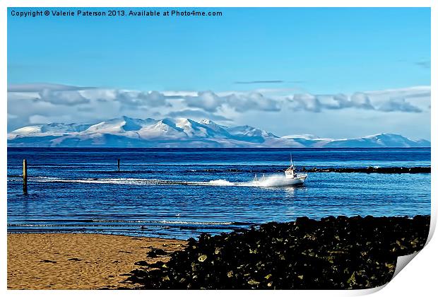 Snow on Arran Hills Print by Valerie Paterson