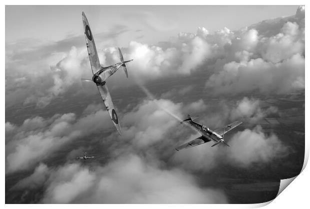Spitfire shoots down Messerschmitt Bf 109, B&W version Print by Gary Eason