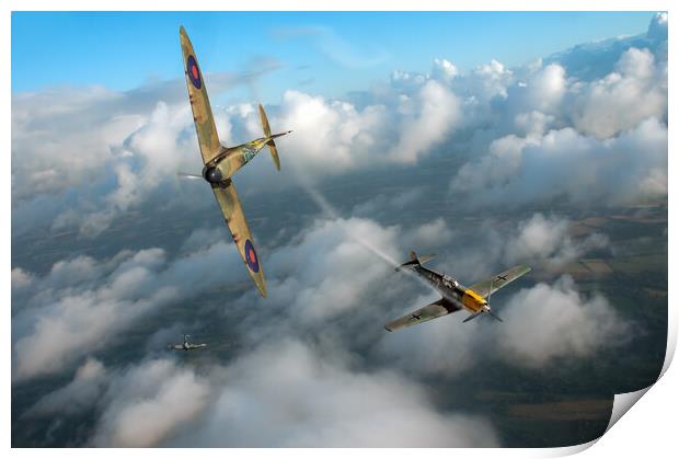 Spitfire shoots down Messerschmitt Bf 109 Print by Gary Eason