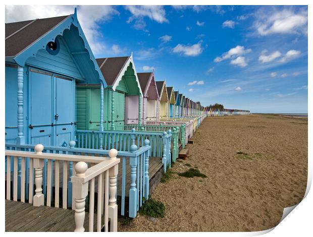 Pastel beach huts on Mersea island Print by Gary Eason