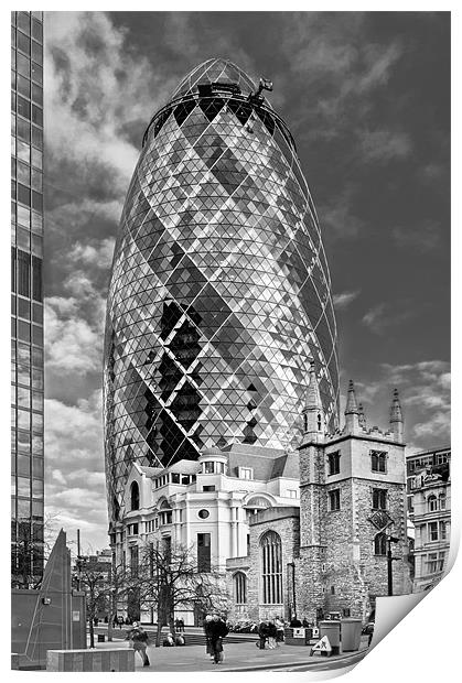 Gherkin and St Andrew's black and white Print by Gary Eason