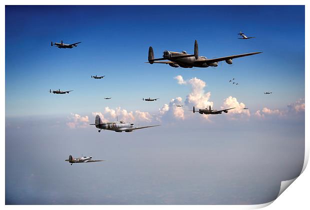 Spitfires escorting Lancasters Print by Gary Eason