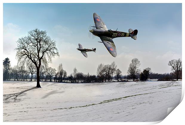 Low-flying Spitfires in winter Print by Gary Eason