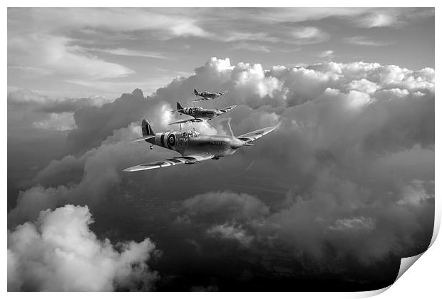 Spitfires among clouds black and white version Print by Gary Eason