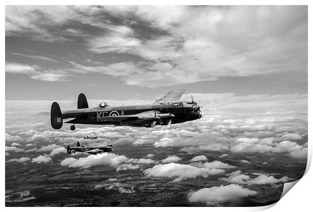 617 Squadron Tallboy Lancasters black and white ve Print by Gary Eason