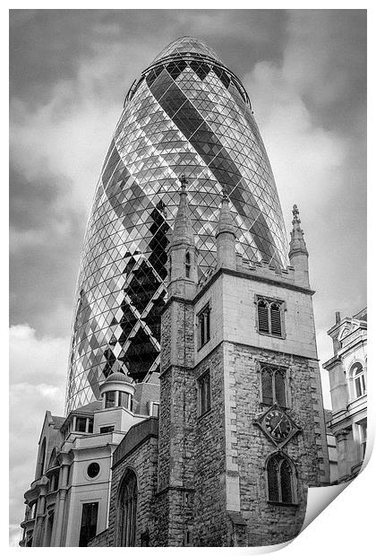 Gherkin and St Andrew Undershaft black and white v Print by Gary Eason