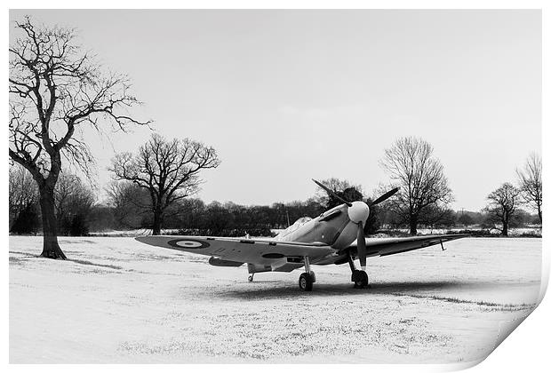 Spitfire in the snow black and white version Print by Gary Eason