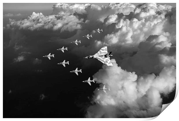 Red Arrows and Vulcan above clouds, B&W version Print by Gary Eason