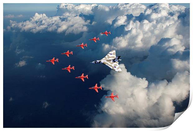 Red Arrows and Vulcan above clouds Print by Gary Eason