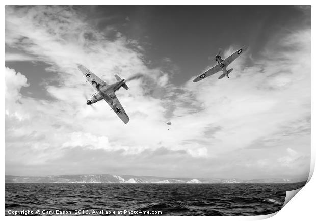 Bf109 down in the Channel B&W version Print by Gary Eason