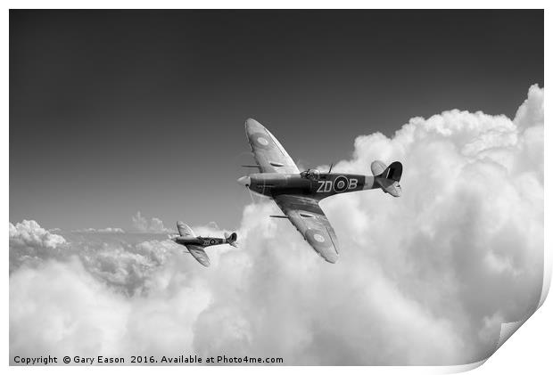 222 Squadron Spitfires above clouds, B&W version Print by Gary Eason