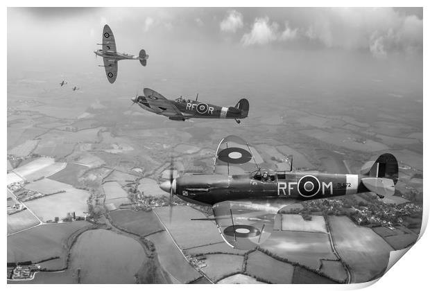 303 Squadron Spitfire sweep B&W version Print by Gary Eason