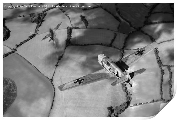 Adolf Galland attacking Spitfire B&W version Print by Gary Eason