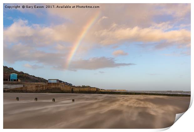 Rainbow over windblown sand on Frinton Beach Print by Gary Eason