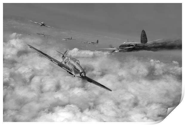 Hurricanes attacking Heinkel head-on B&W version Print by Gary Eason