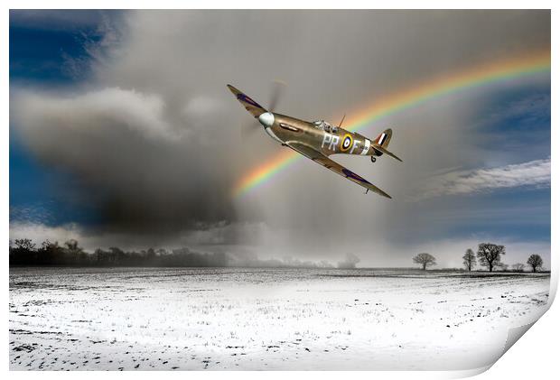 Spitfire with snow shower rainbow Print by Gary Eason