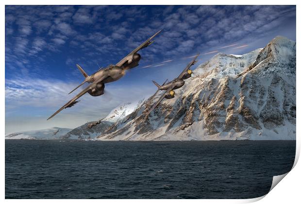 RAF Mosquitos in Norway fjord attack Print by Gary Eason