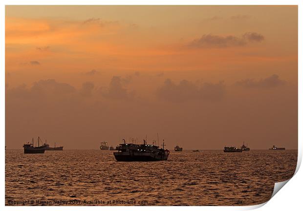 boats in sunset Print by Hassan Najmy