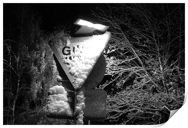 Snow Covered Give Way Sign Print by Scott Simpson