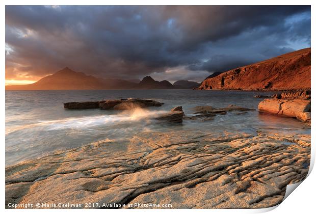 Splashing waves and the Cuillins at Sunset Print by Maria Gaellman