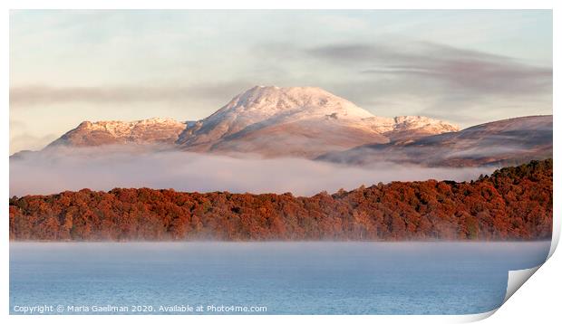 Autumn mist shrouded between Mountain and Loch Print by Maria Gaellman