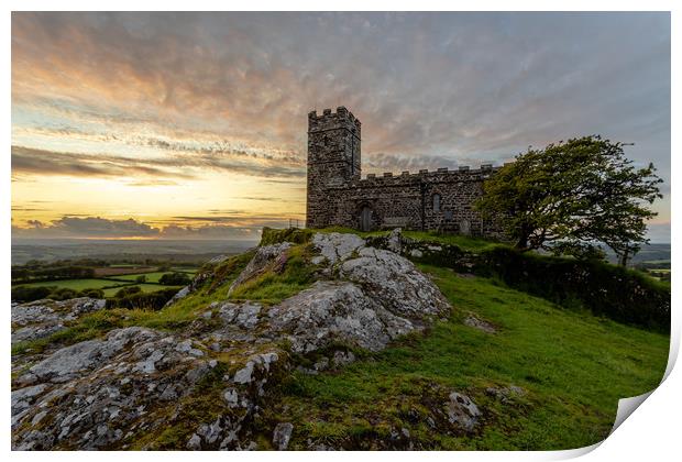 Sunset at Brentor Church, Dartmoor  Print by Images of Devon